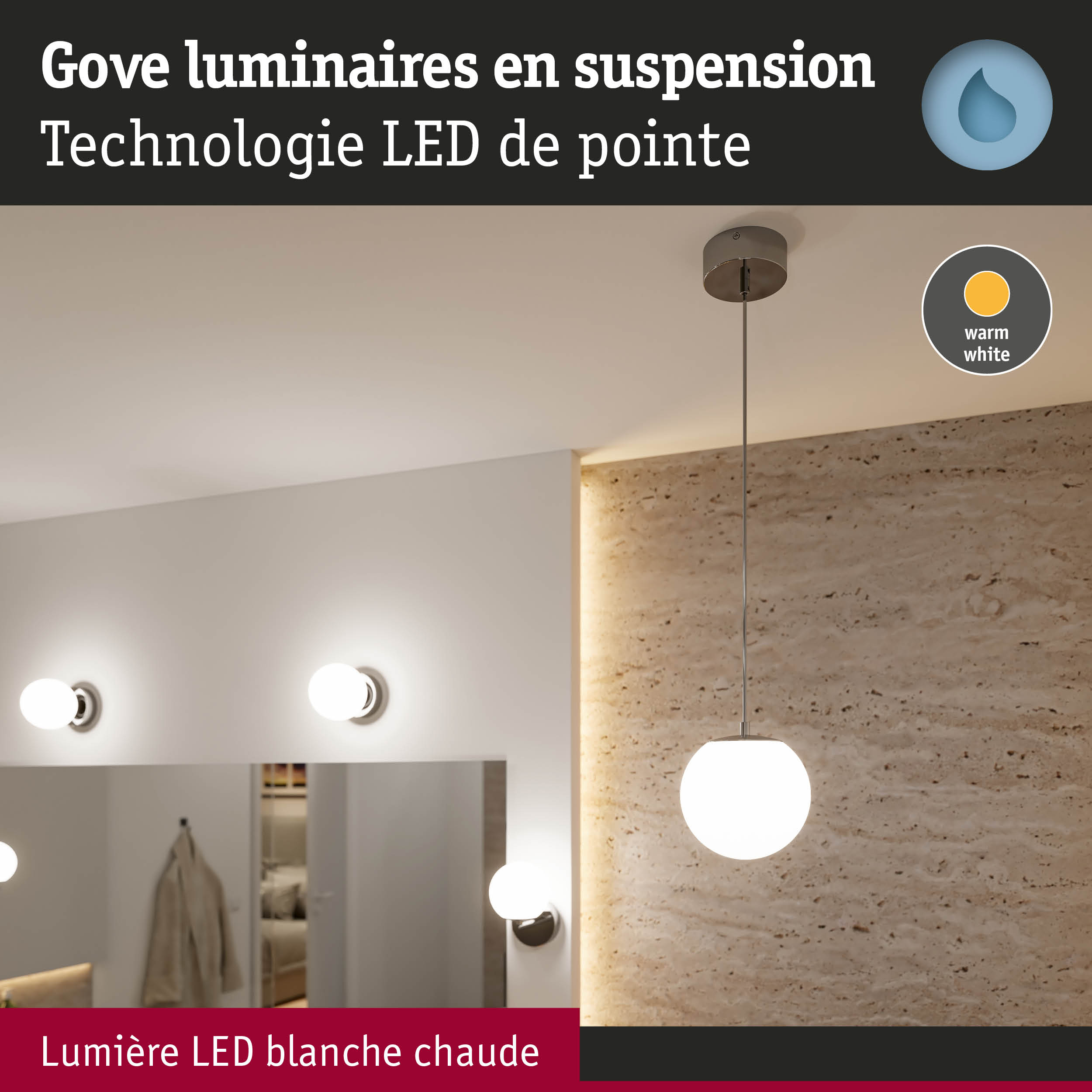 Suspension avec lumière LED blanc chaud et globe en verre blanc dans un intérieur moderne