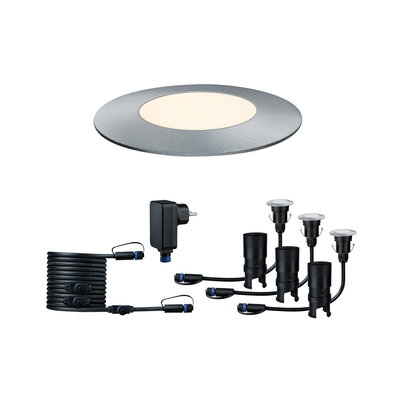 Brushed aluminum LED recessed light with accessories for garden and outdoor lighting setup