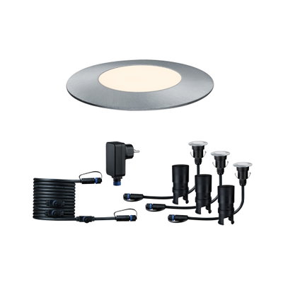 Brushed aluminum LED recessed light with accessories for garden and outdoor lighting setup