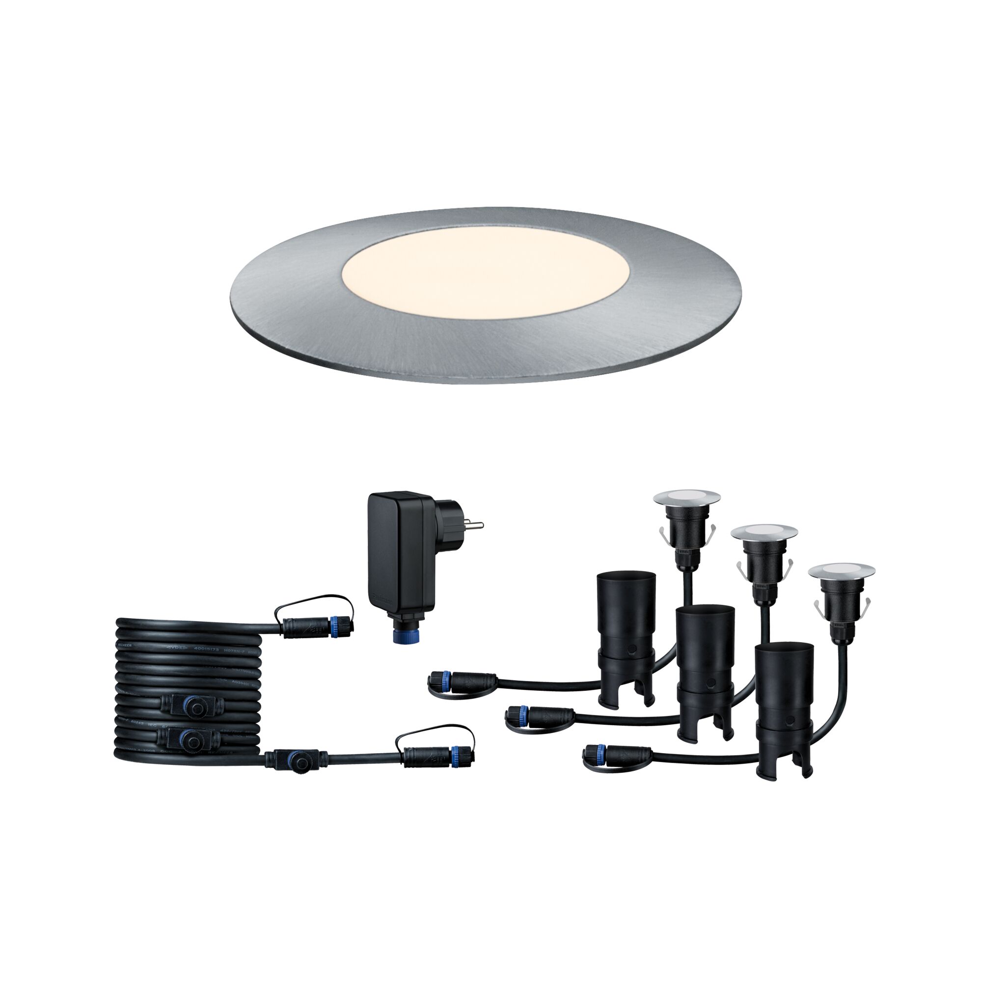Plug & Shine LED Zapuštěné podlahové svítidlo Floor Mini Základní sada IP67 3000K 3x2,5W 21VA Stříbrná LED-Einbauleuchte aus gebürstetem Aluminium mit Zubehör für Garten- und Außenbeleuchtung