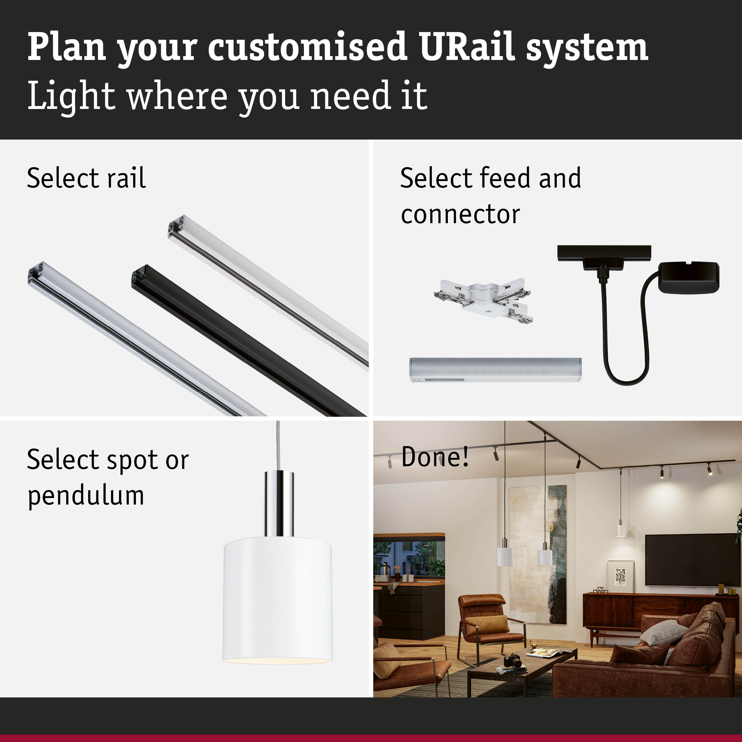Modular URail aluminium rail system in black and white for flexible LED lighting in living spaces