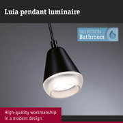 Black Luia pendant luminaire with white glass diffuser, modern bathroom lighting design