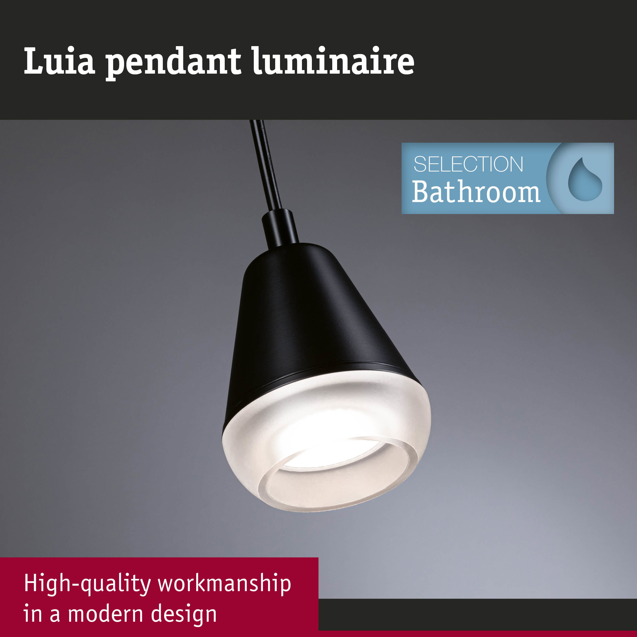 Black Luia pendant luminaire with white glass diffuser, modern bathroom lighting design