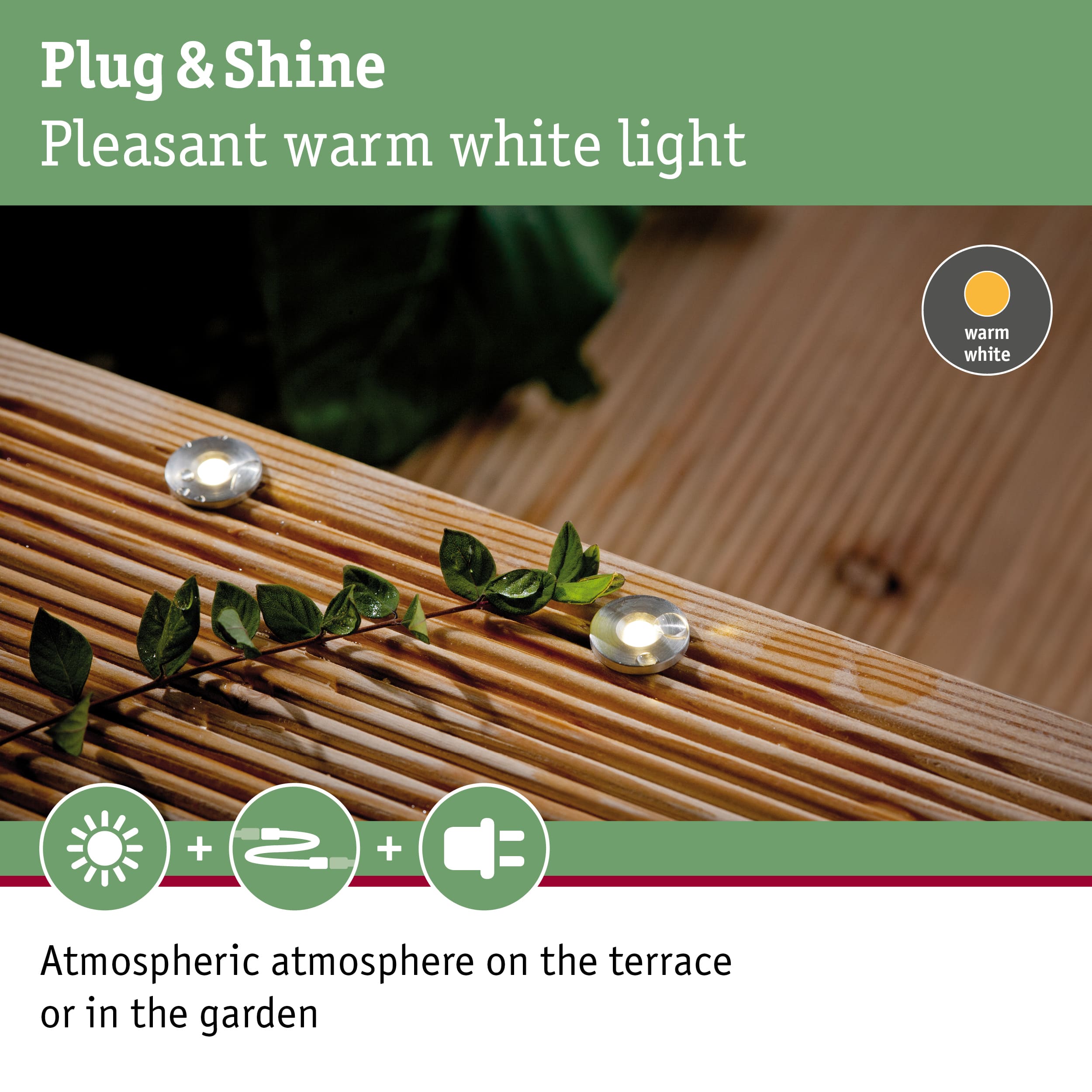 Small LED recessed light with warm white glow on wooden terrace for garden lighting