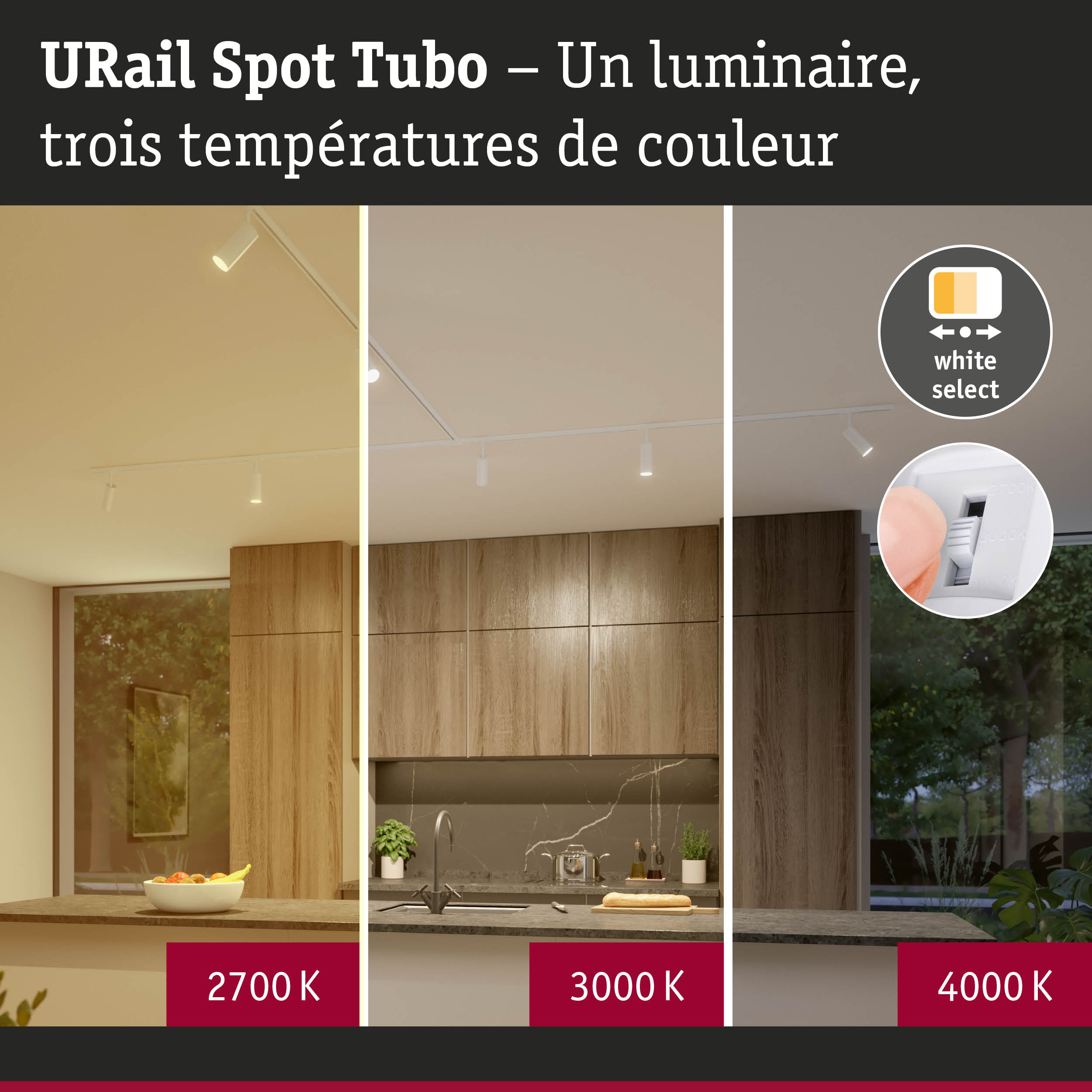 Spot URail Tubo LED blanc avec trois températures de couleur réglables 2700K, 3000K, 4000K