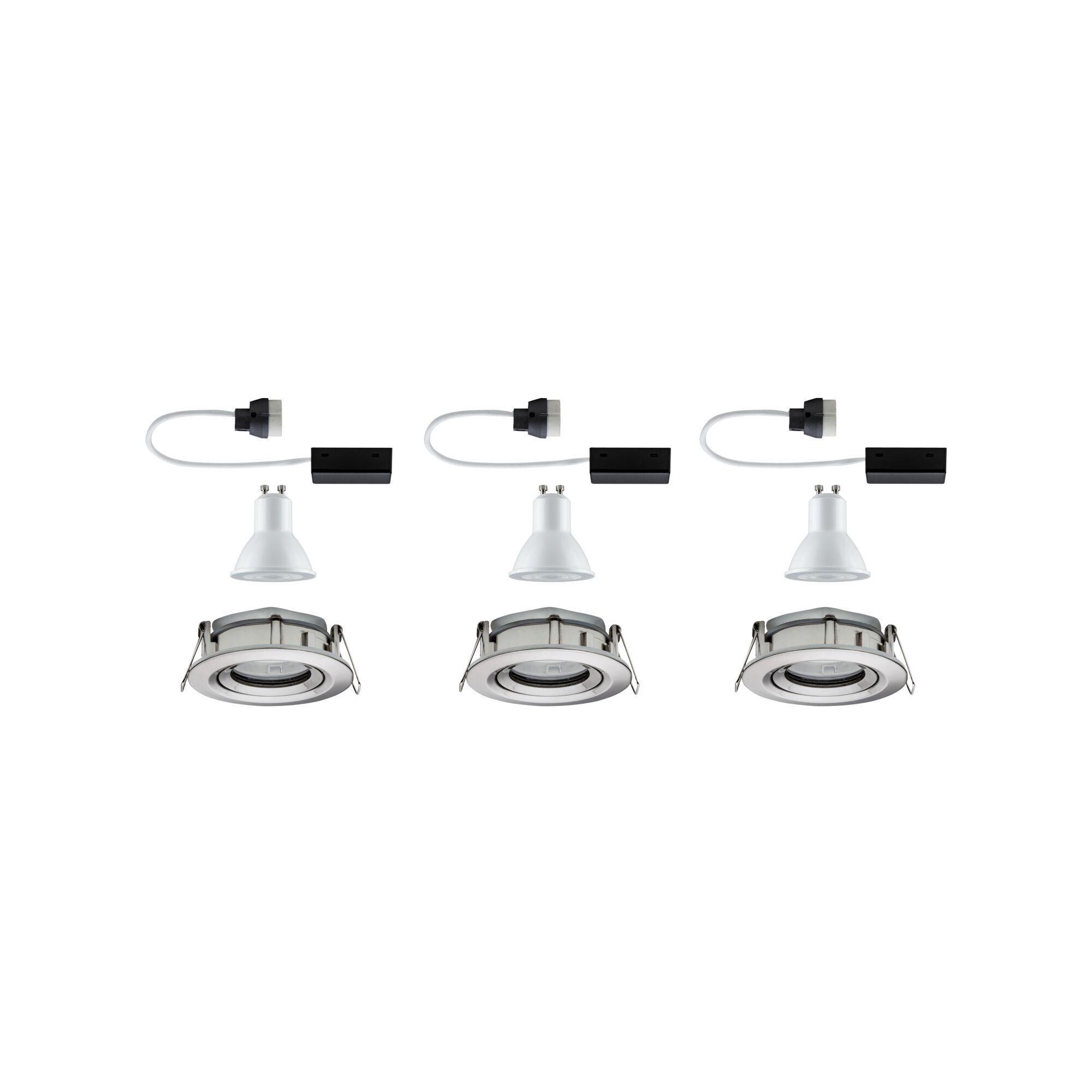 Drie witte GU10 LED inbouwspots met zilveren metalen frame en aansluitkabels voor woonverlichting