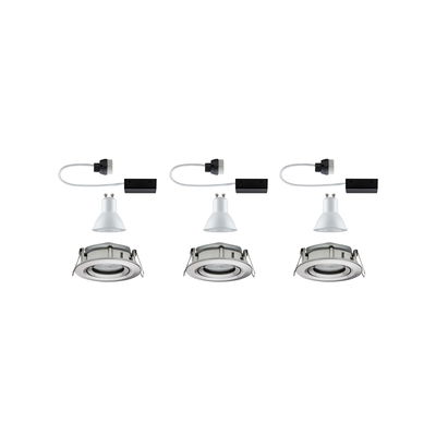Three white GU10 LED recessed spotlights with silver metal frames and connection cables for home lighting