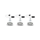 Three white GU10 LED recessed spotlights with silver metal frames and connection cables for home lighting