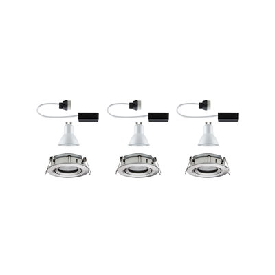 Three white GU10 LED recessed spotlights with silver metal frames and connection cables for home lighting