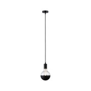 Black pendant light with half-clear glass and black cord for modern indoor lighting