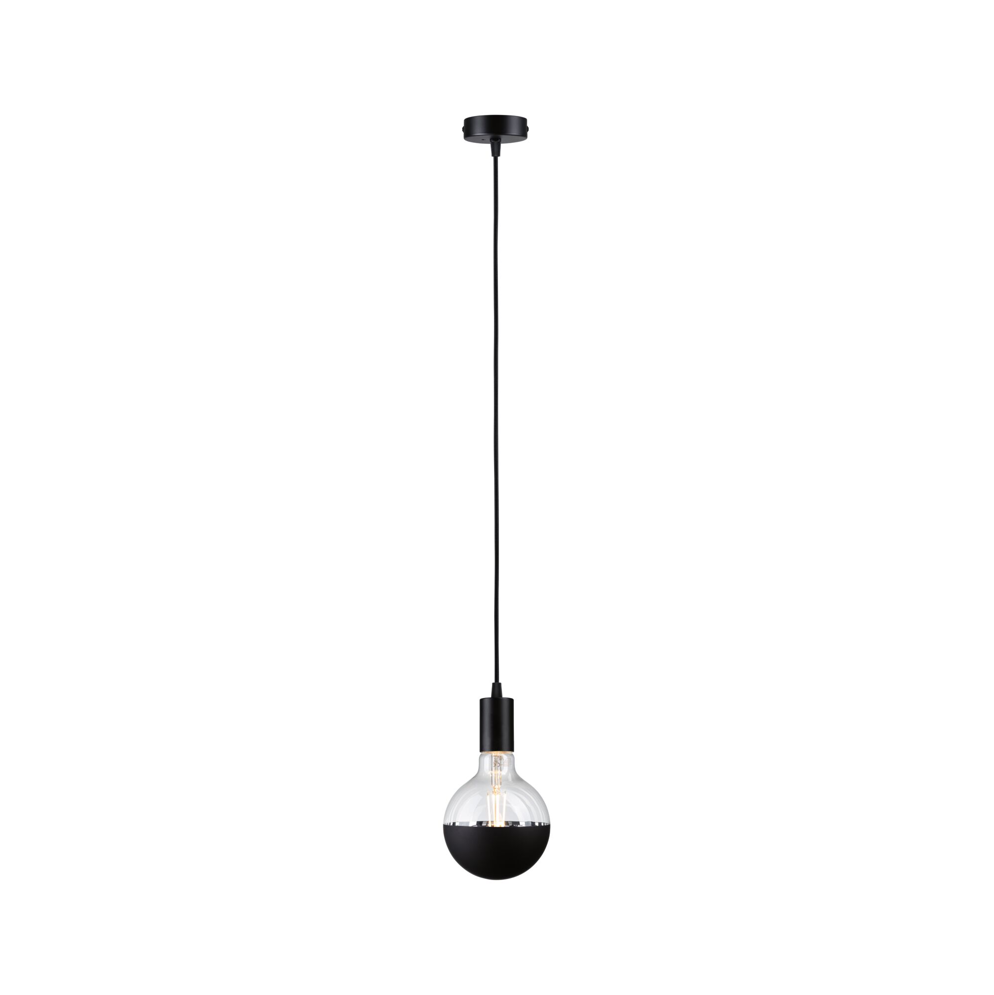 Black pendant light with half-clear glass and black cord for modern indoor lighting