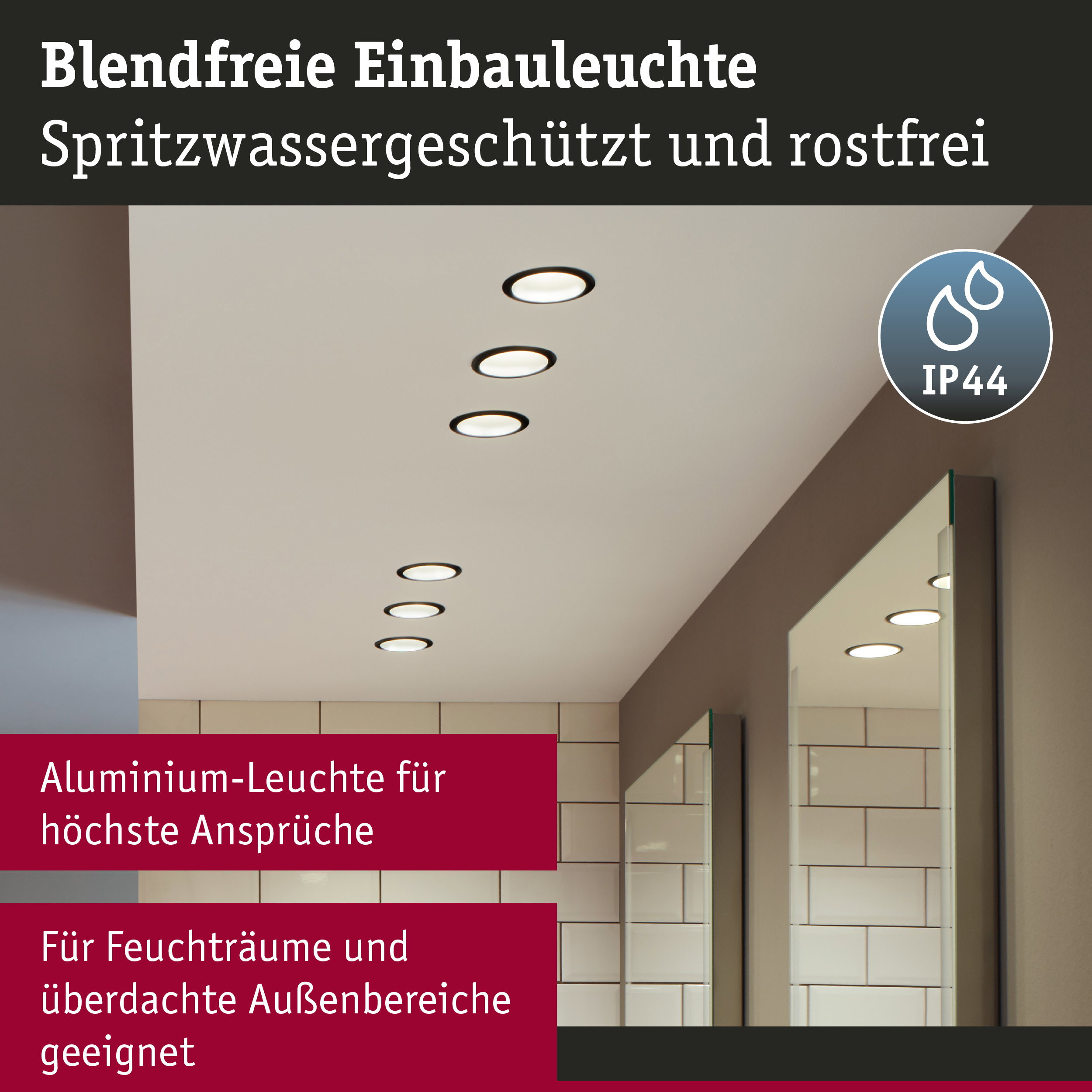 Blendfreie Aluminium-Einbauleuchte in Schwarz für Feuchträume mit IP44 Schutz und modernem Design