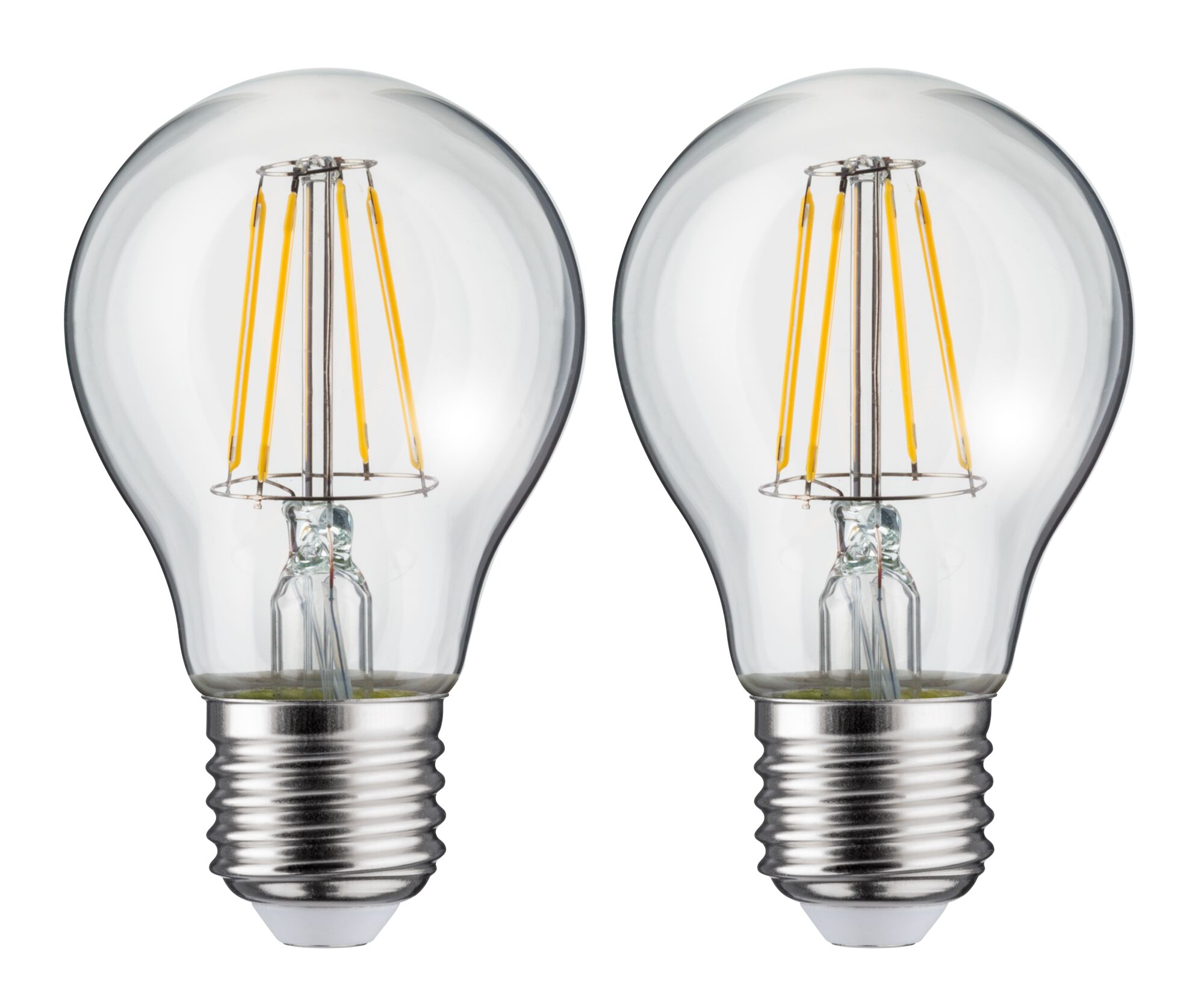 Zwei klare LED-Glühbirnen mit sichtbaren gelben Filamenten und E27-Fassung für energiesparende Beleuchtung