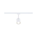 Weißer LED-Spot aus Metall an Schienensystem für flexible Beleuchtung im Innenraum