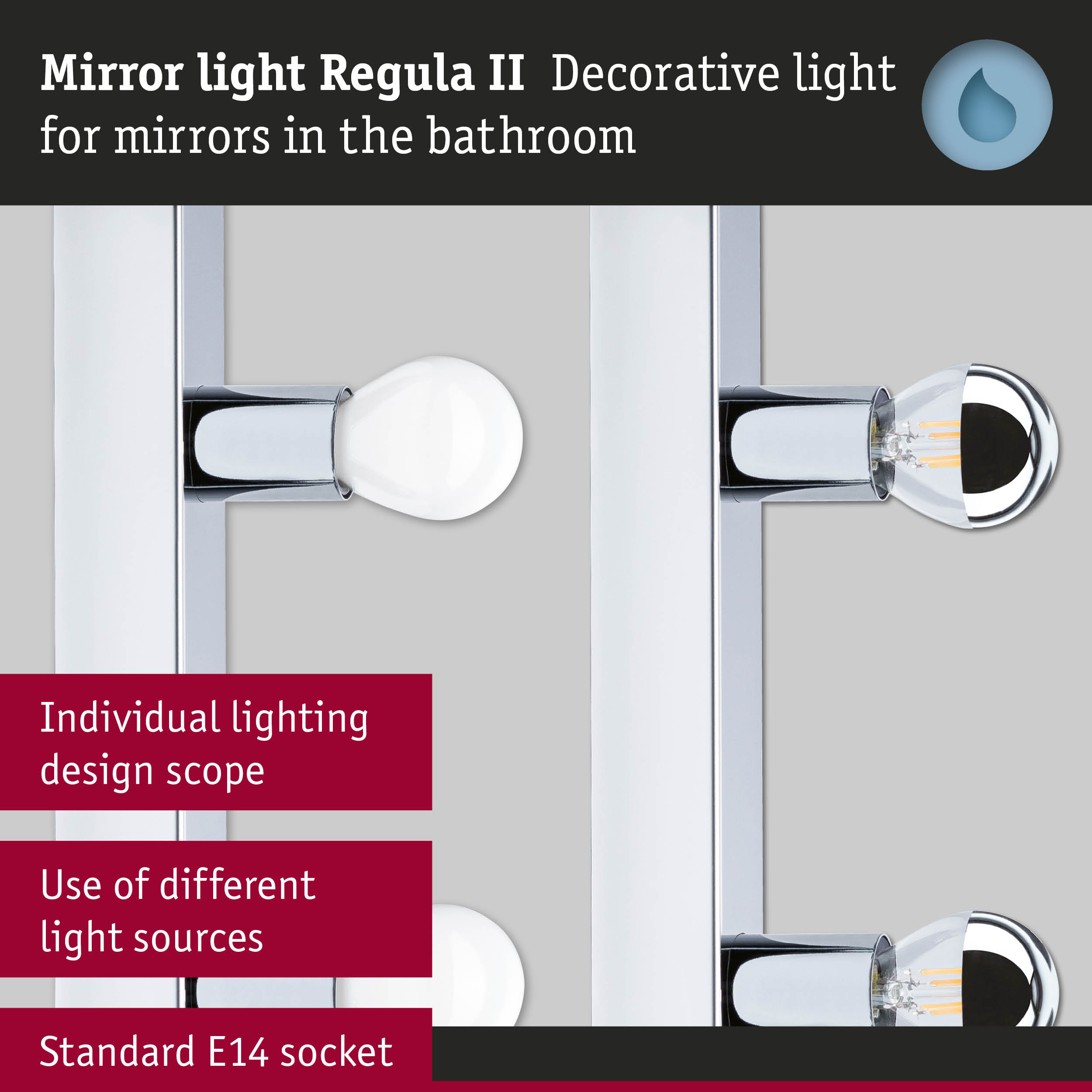 Mirror light Regula II with chrome mount and E14 socket for bathroom lighting