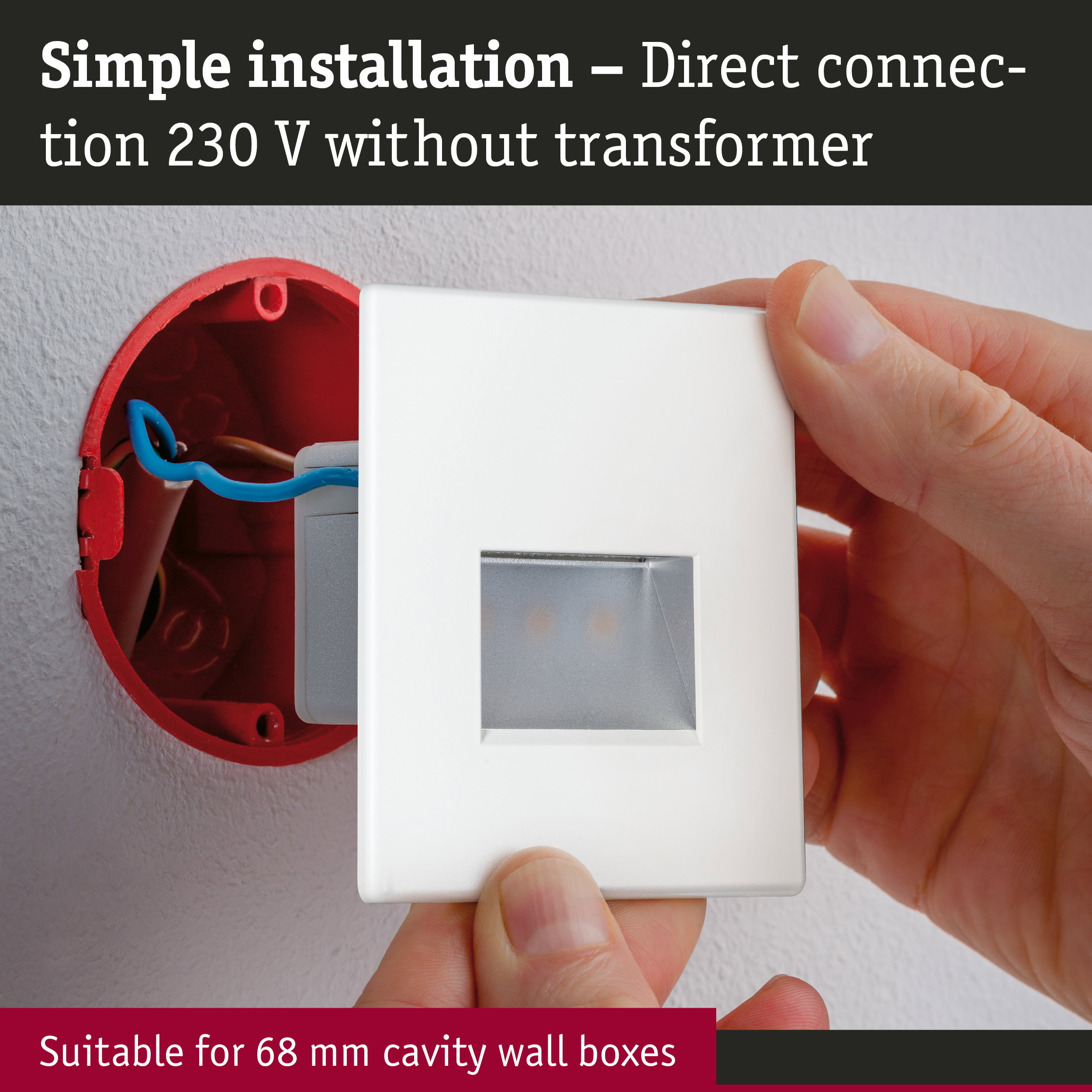 White socket with simple installation and direct 230 V connection without transformer
