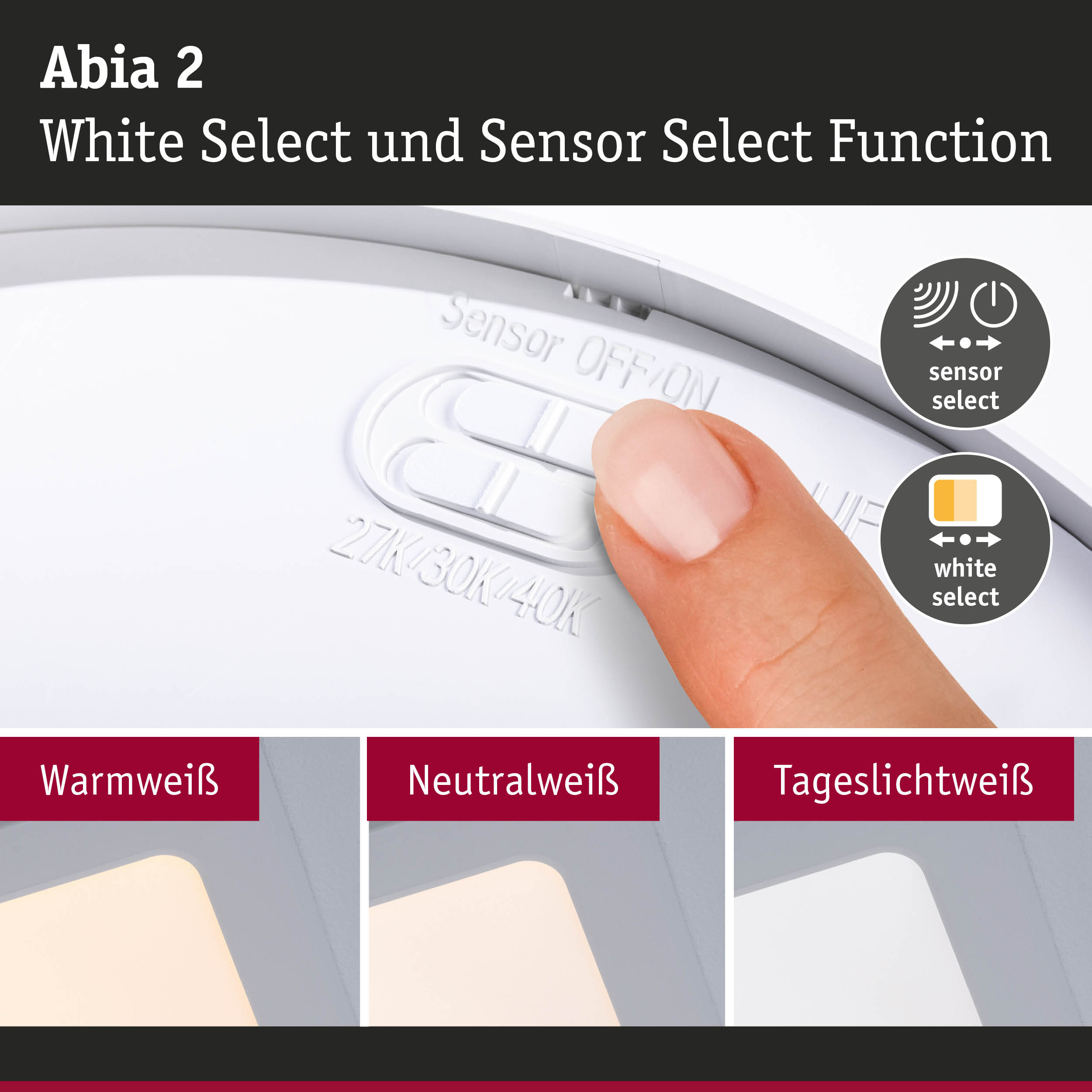 Abia 2 LED-Deckenleuchte in Weiß mit Sensor- und White Select-Funktion für variable Lichtfarben