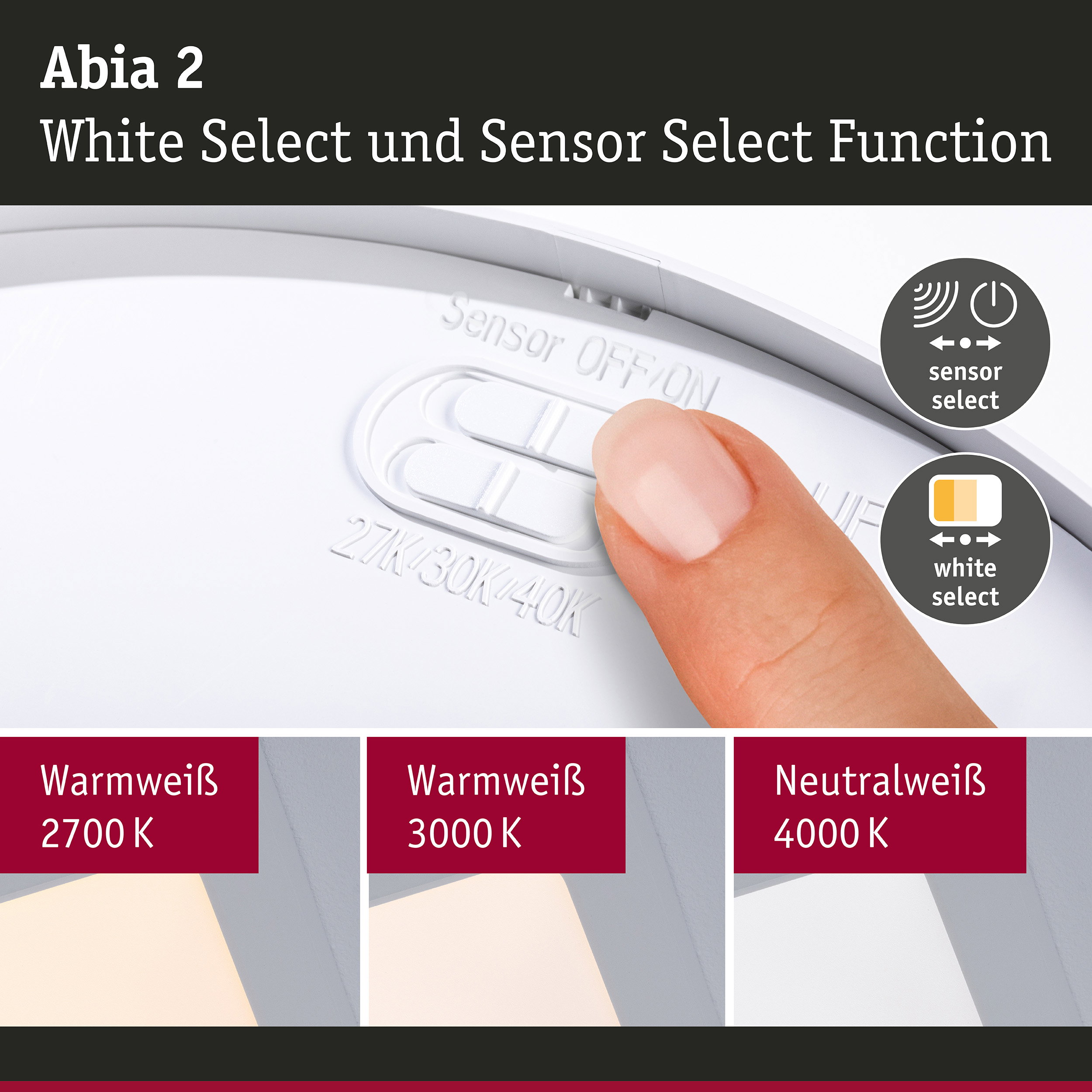Abia 2 LED-Deckenleuchte in Weiß mit Sensor- und White Select-Funktion für variable Lichtfarben
