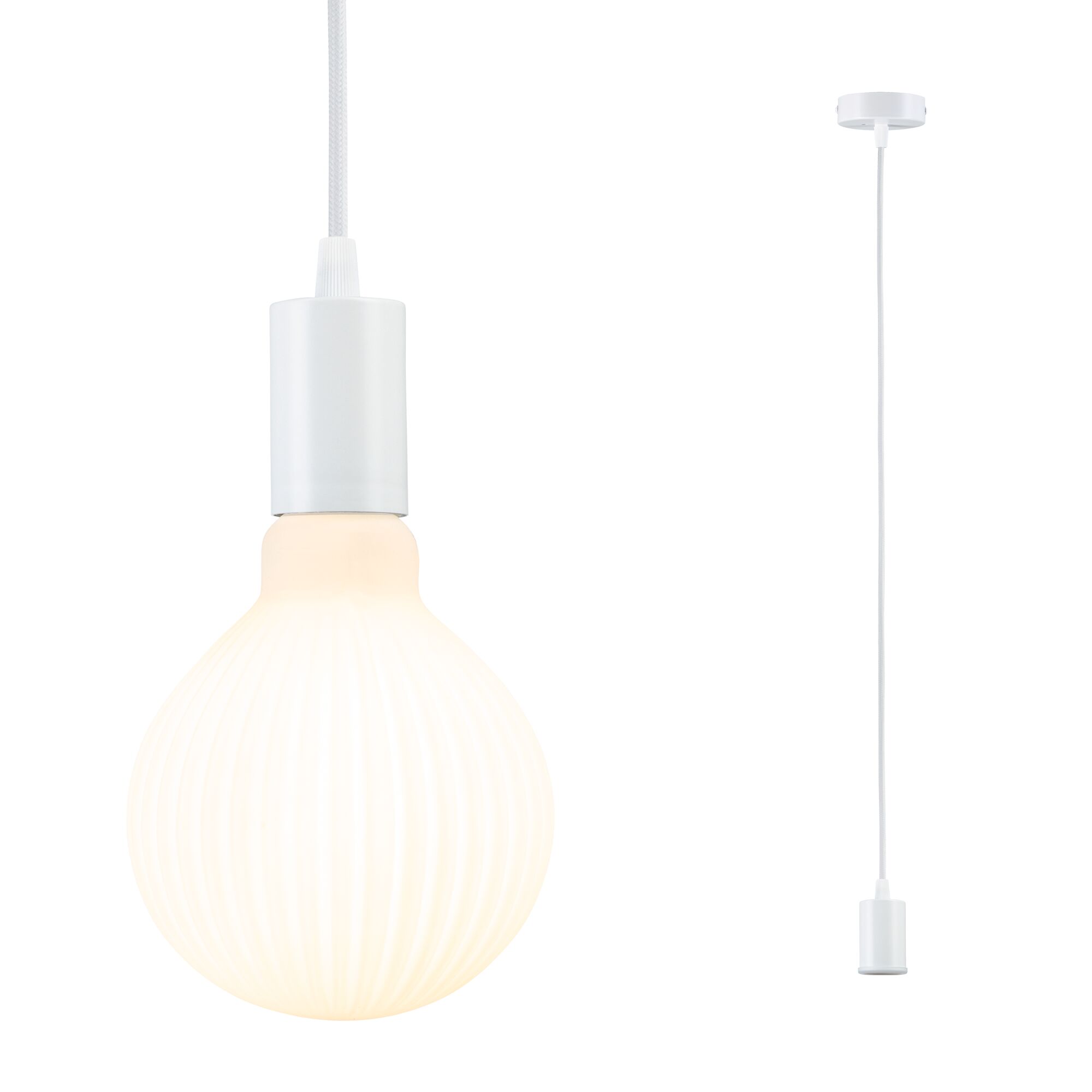 White pendant lamp with ribbed glass bulb and fabric cable for modern home lighting