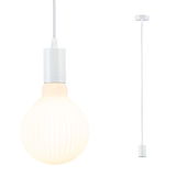 White pendant lamp with ribbed glass bulb and fabric cable for modern home lighting