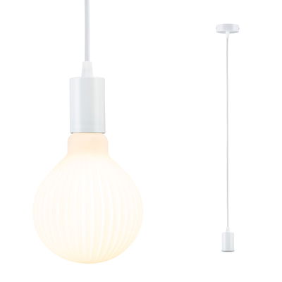 White pendant lamp with ribbed glass bulb and fabric cable for modern home lighting