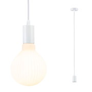 White pendant lamp with ribbed glass bulb and fabric cable for modern home lighting