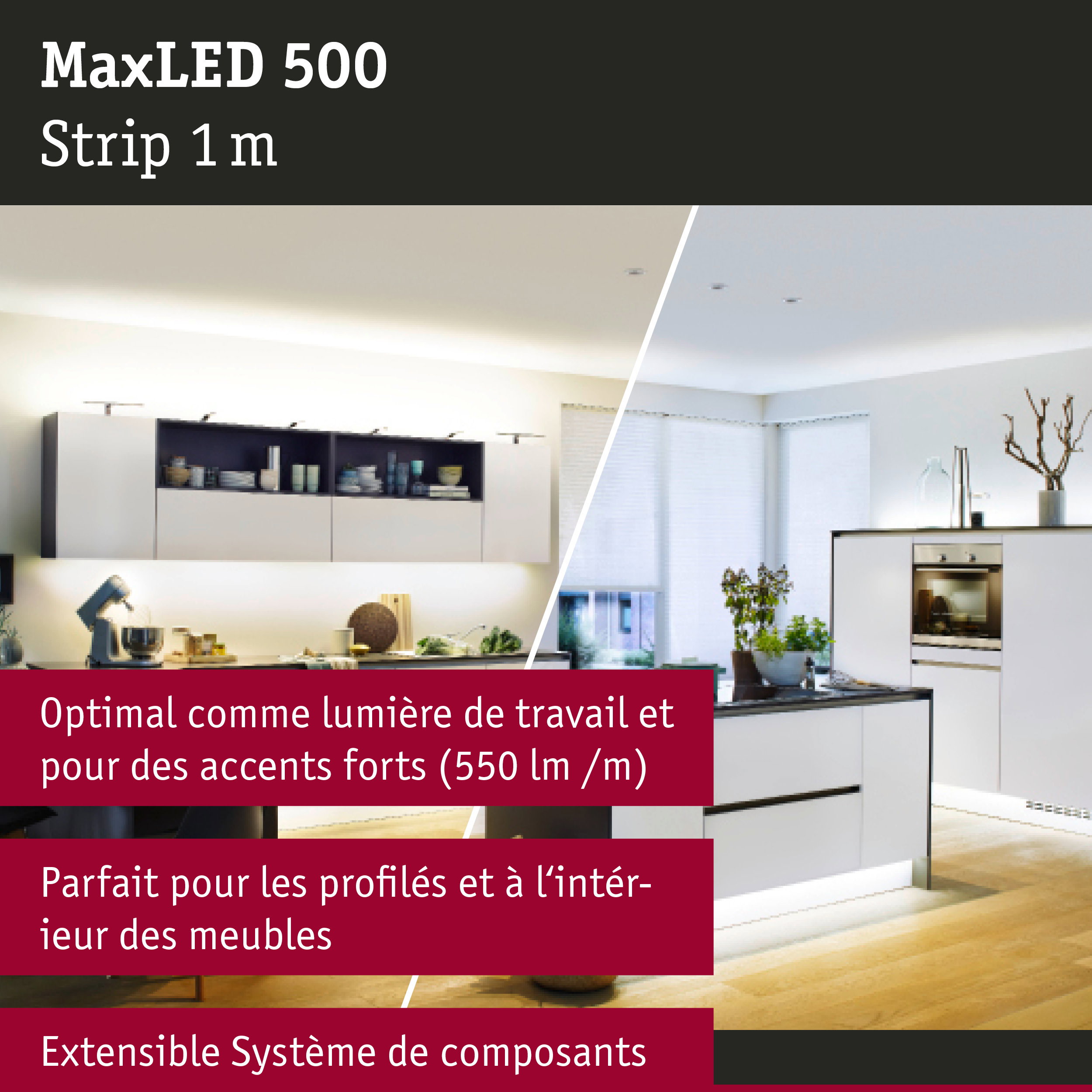Bande LED MaxLED 500 1 m blanche pour éclairage de cuisine et accents de meubles
