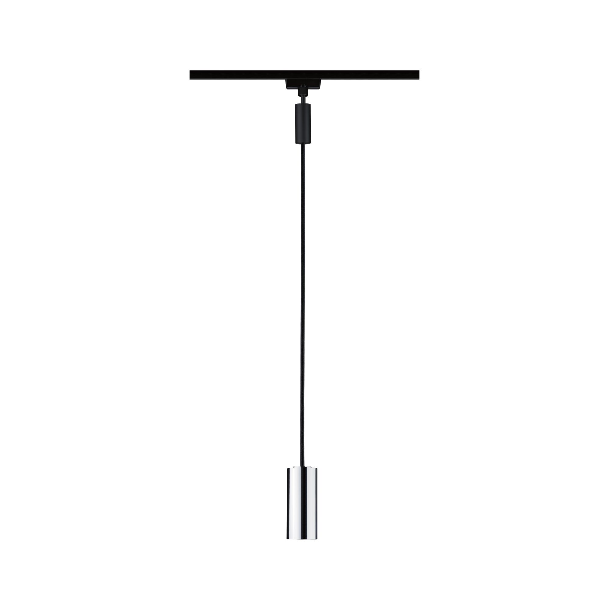 Modern pendant light with chrome cylinder and black cable for track lighting systems