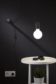 Hanging light bulb with black metal holder above white side table with stones and plant decor
