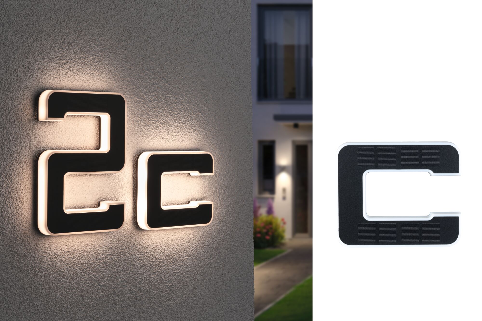 Zwarte LED-huisnummerverlichting met warm wit licht en modern ontwerp voor buitenmuren.