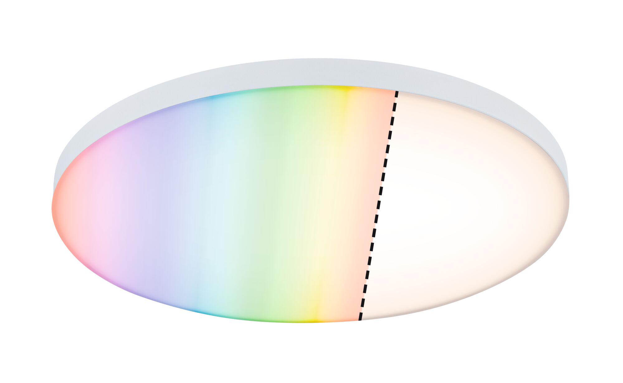 Round white LED ceiling light with color change and warm white light for living spaces