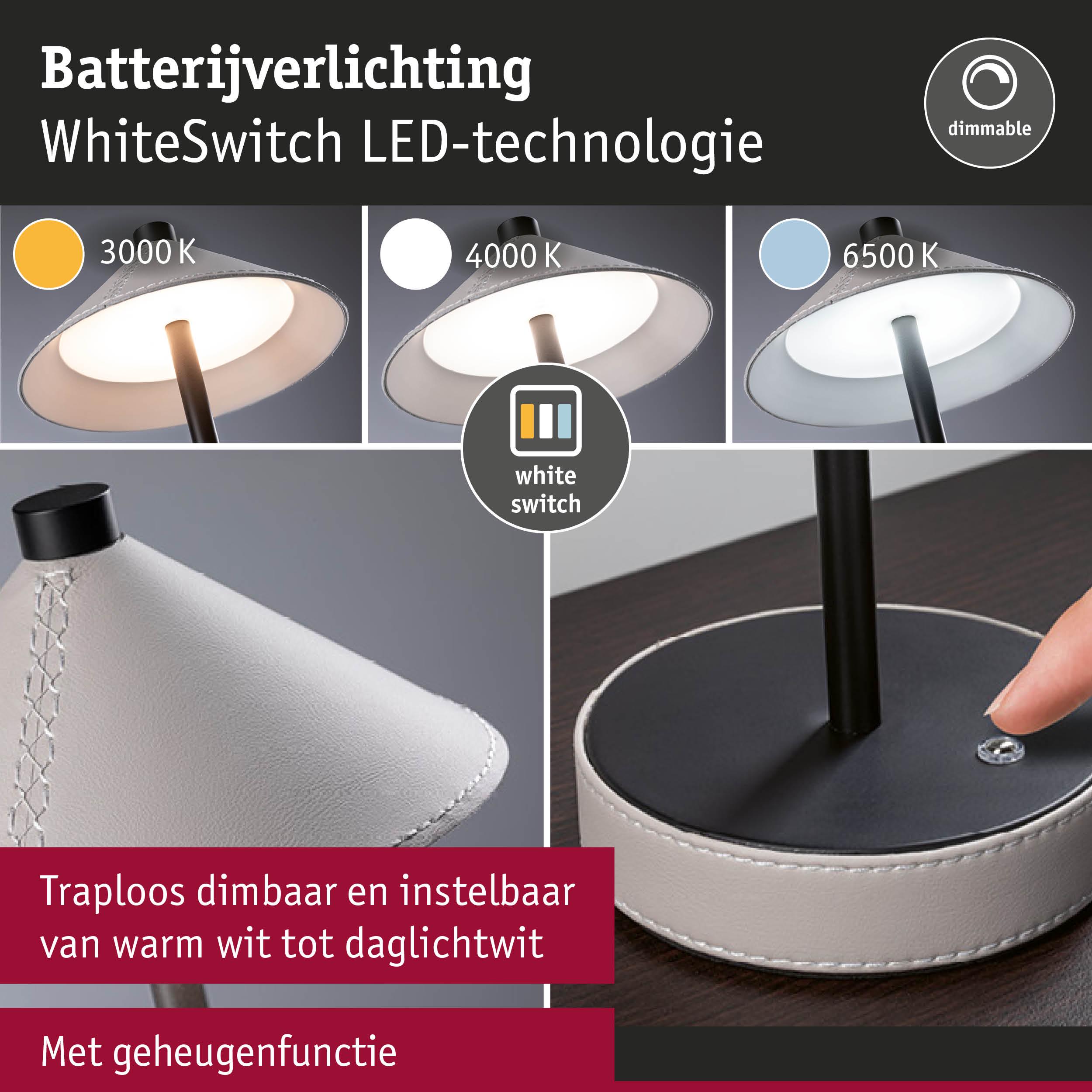 Dimbare witte LED-batterijverlichting met WhiteSwitch-technologie, leren look voet en instelbare kleurtemperatuur