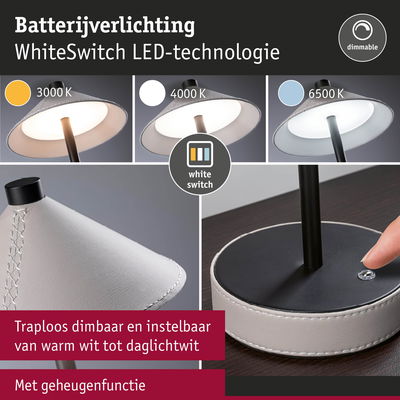 Dimbare witte LED-batterijverlichting met WhiteSwitch-technologie, leren look voet en instelbare kleurtemperatuur
