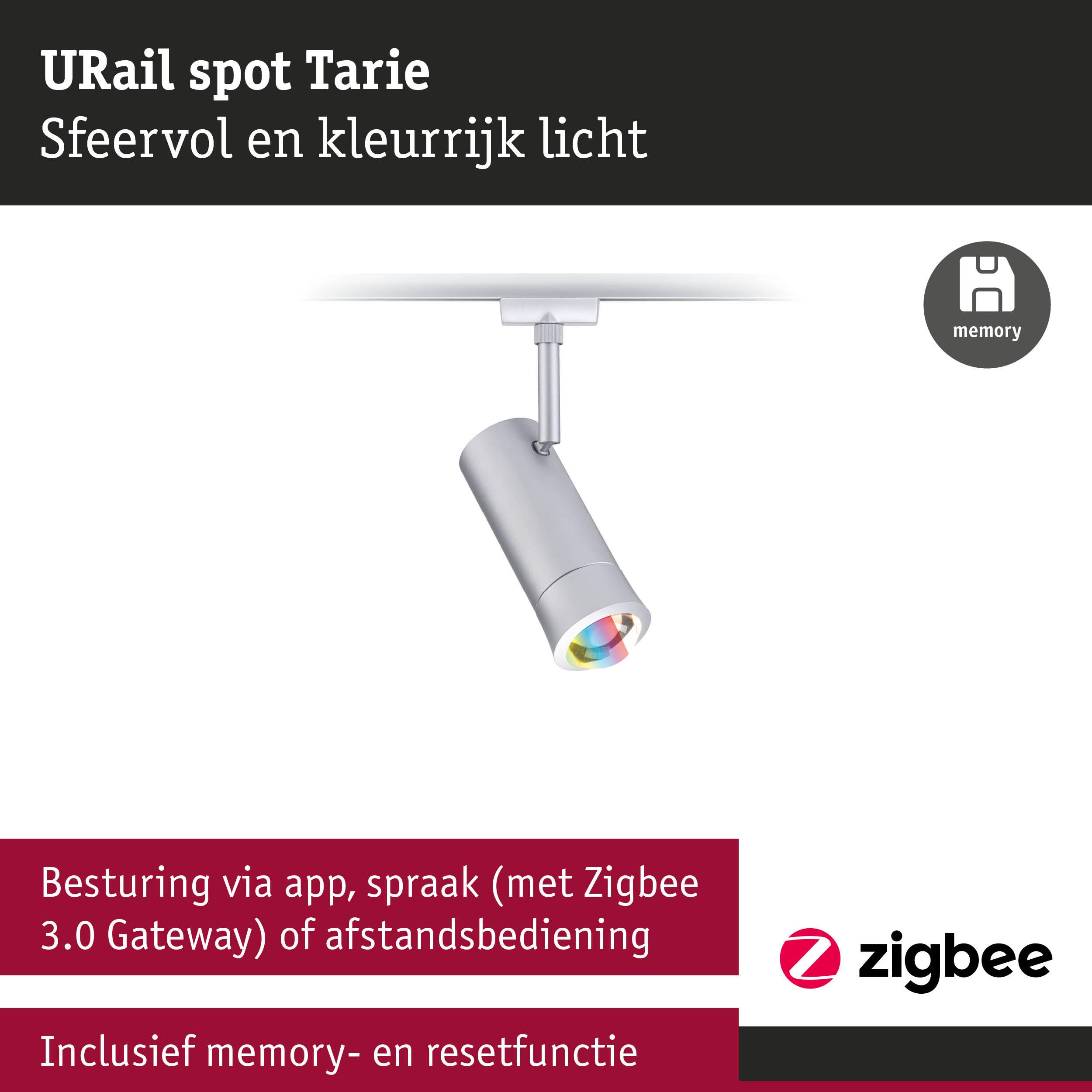 Moderne zilveren URail spot Tarie met kleurrijk licht en Zigbee bediening via app of spraak