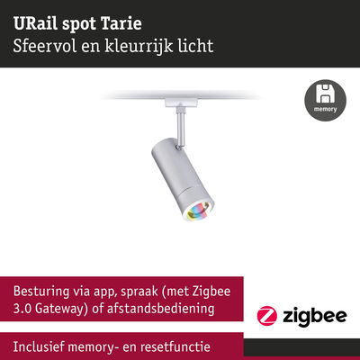 Moderne zilveren URail spot Tarie met kleurrijk licht en Zigbee bediening via app of spraak