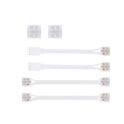 Set of white LED connector cables and transparent plugs for flexible lighting installations