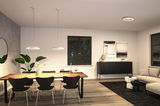 Modern dining area with wooden table, black chairs, and white Paulmann LED ceiling lights for living room lighting.