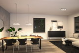 Modern dining area with wooden table, black chairs, and white Paulmann LED ceiling lights for living room lighting.