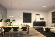 Moderne spisestue med træbord, sorte stole og hvide Paulmann LED-loftslamper til belysning i stuen.