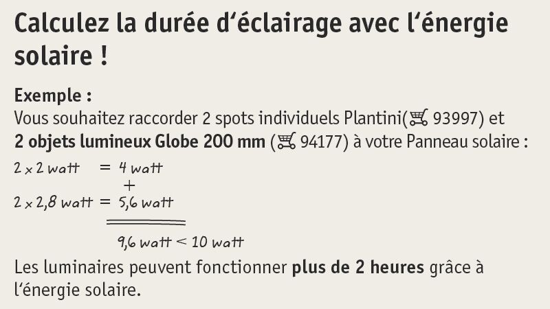 Calcul de la durée d'éclairage d'un panneau solaire Exemple de calcul de la durée d’éclairage avec l’énergie solaire et puissance des luminaires
