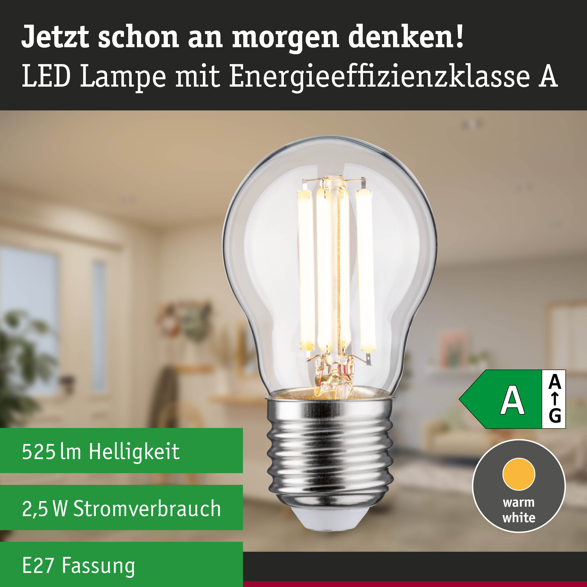 Klarer LED-Leuchtmittel mit warmweißem Licht und hoher Energieeffizienz vor grünem Waldhintergrund