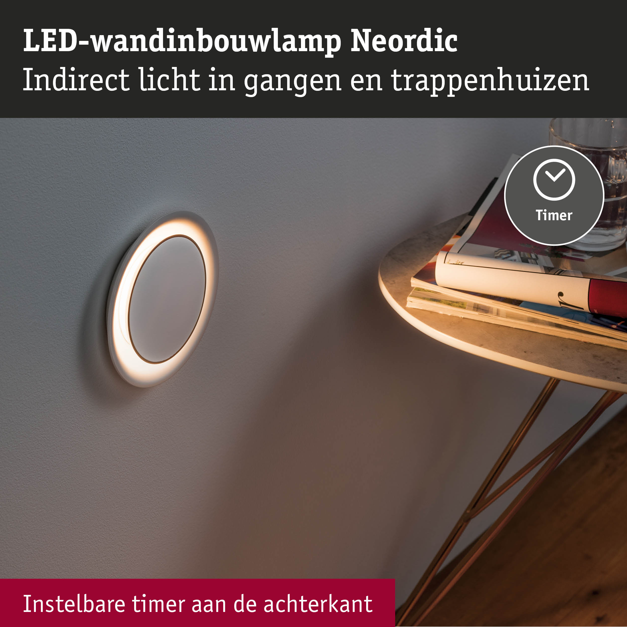 Ronde witte LED-wandlamp Neordic met indirect licht en instelbare timer voor gangen en trappenhuizen