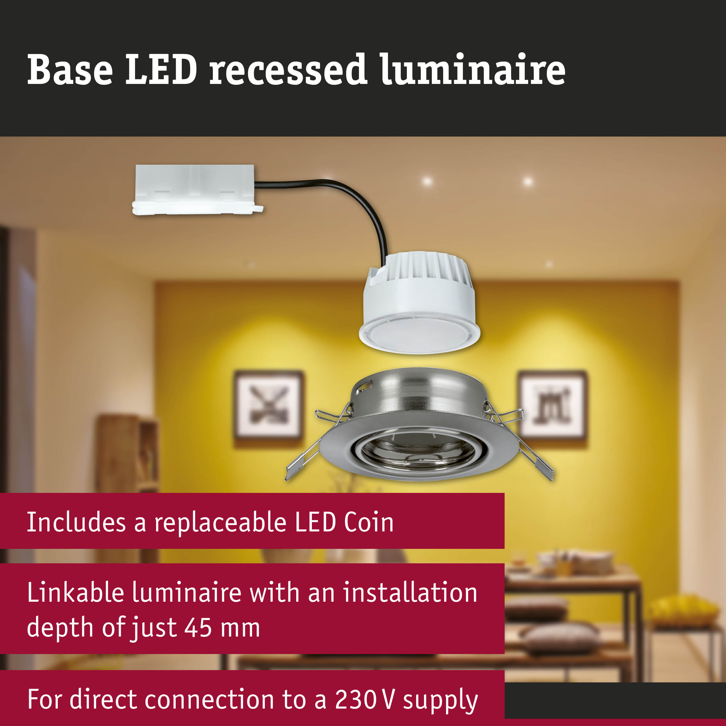 White LED recessed luminaire with metal frame and replaceable LED coin for energy-efficient lighting