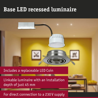 White LED recessed luminaire with metal frame and replaceable LED coin for energy-efficient lighting