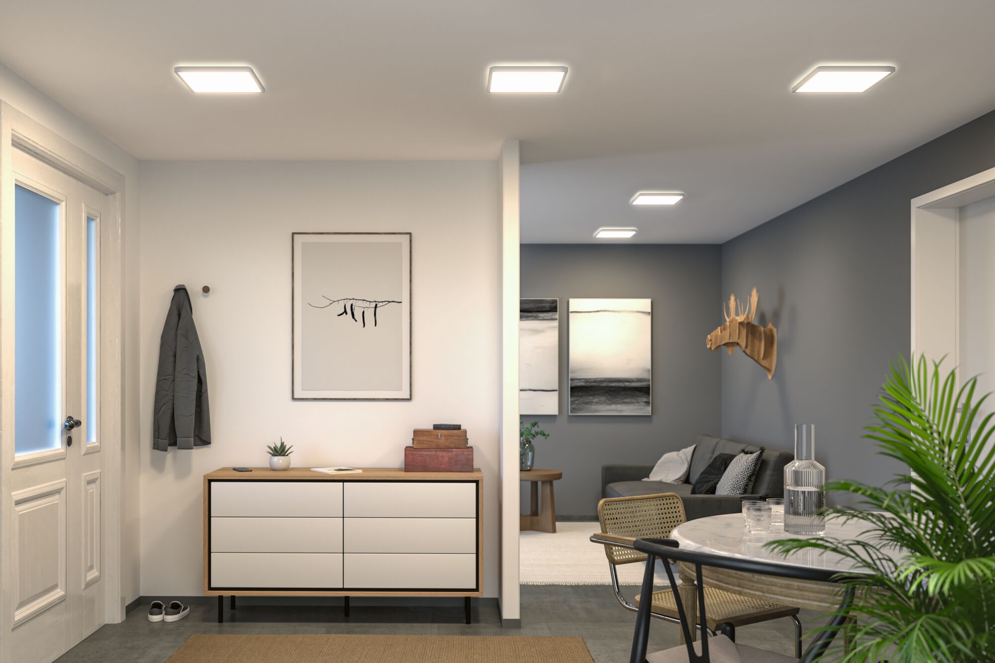 Modern living room with white square plastic ceiling lights providing energy-efficient LED lighting