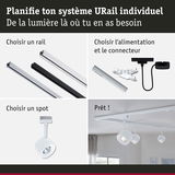 Système modulaire URail avec rails en aluminium noir, blanc et argent, connecteurs et spots blancs
