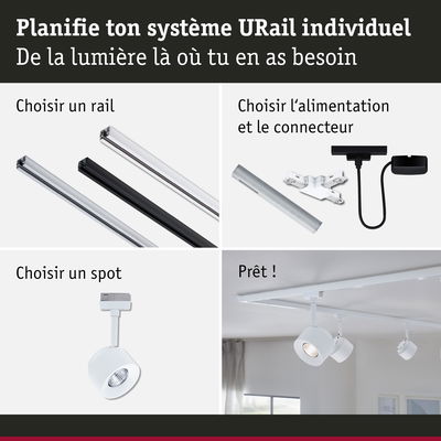 Système modulaire URail avec rails en aluminium noir, blanc et argent, connecteurs et spots blancs