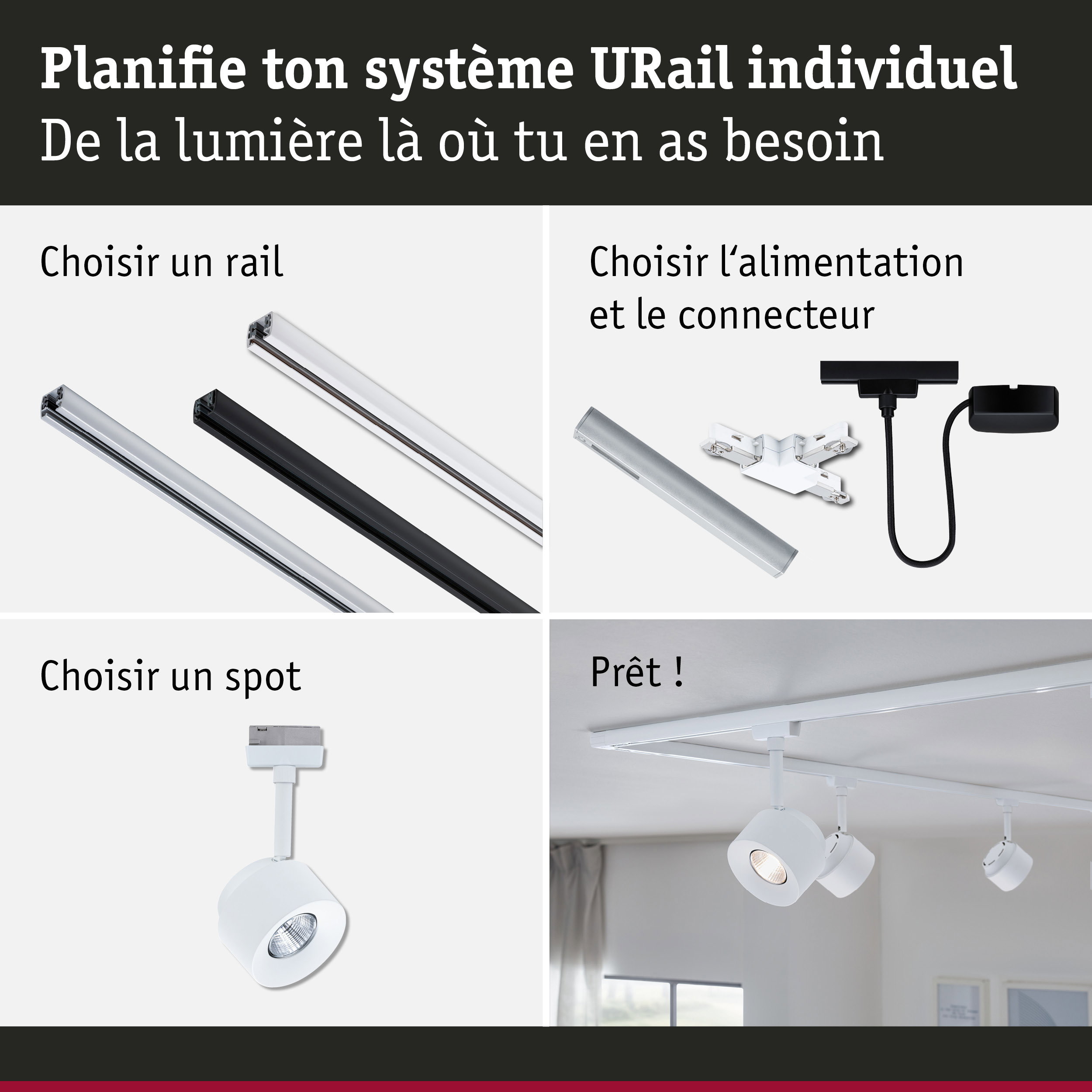Système de rail modulaire URail avec rails noirs et blancs et spots LED blancs pour éclairage flexible