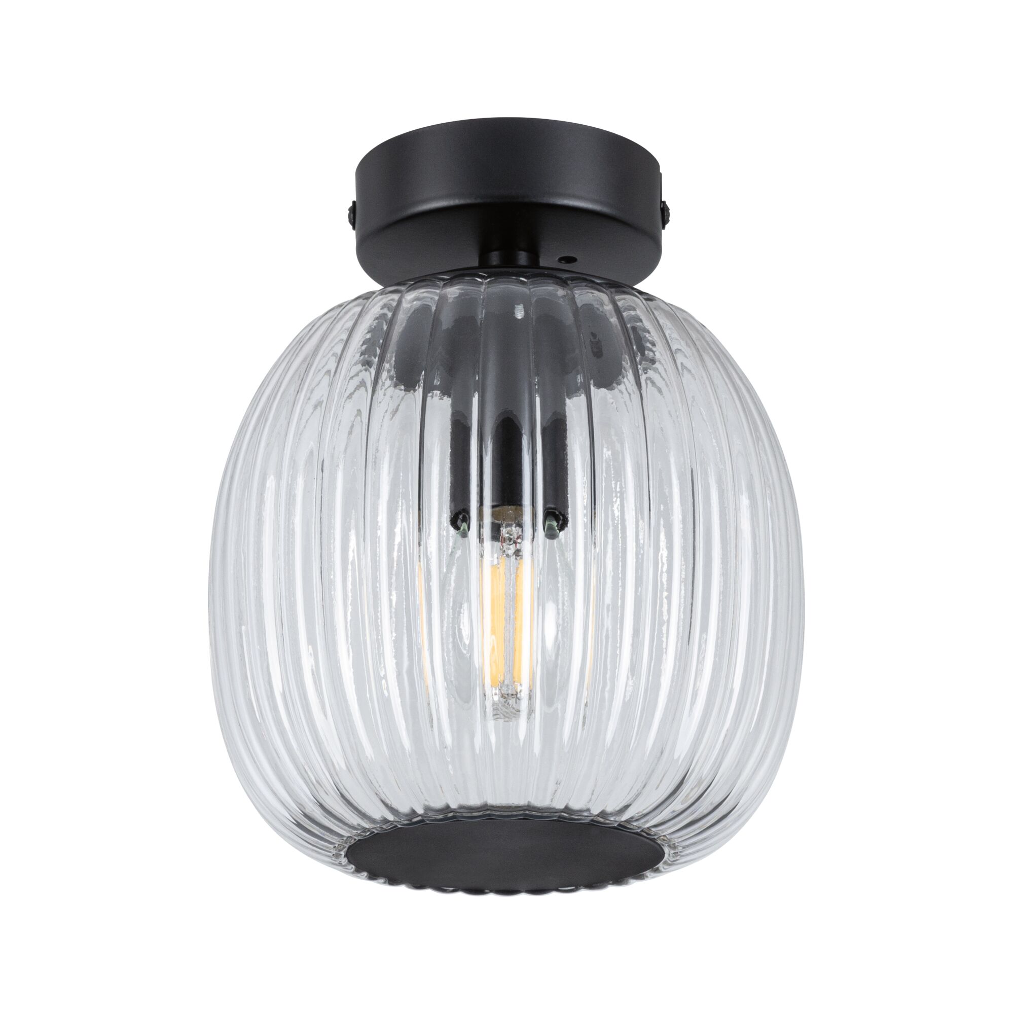 Ceiling light with ribbed clear glass and matte black metal base for modern interior lighting