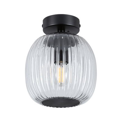 Ceiling light with ribbed clear glass and matte black metal base for modern interior lighting